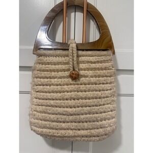 Vintage Style Crochet Knit Handbag Purse Wooden Handle Boho Chic Women's Bag